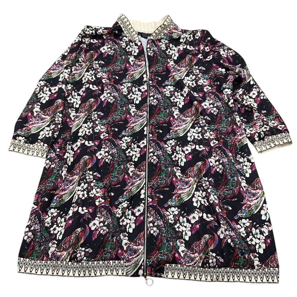 Midnight Velvet Jacket Women 3XLarge Black Floral Peacock Tunic Full Zip Party‎